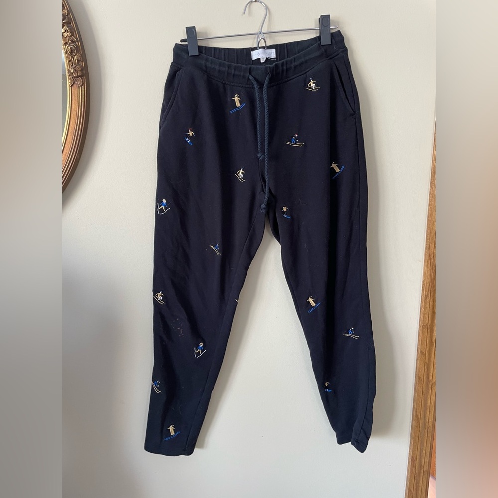 Lou and Grey for LOFT medium joggers ski themed, tie/elastic waist black